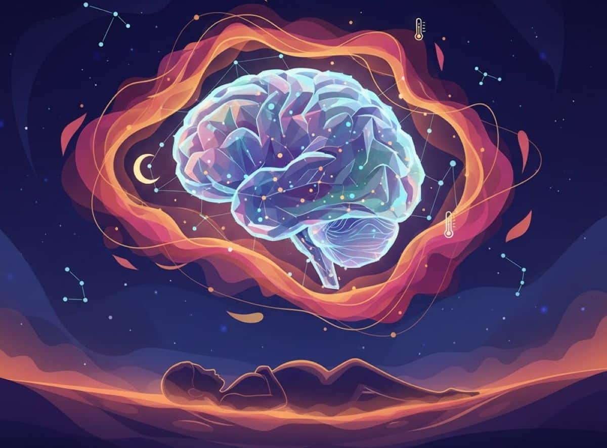 This shows a brain, a pregnant woman and a thermometer.