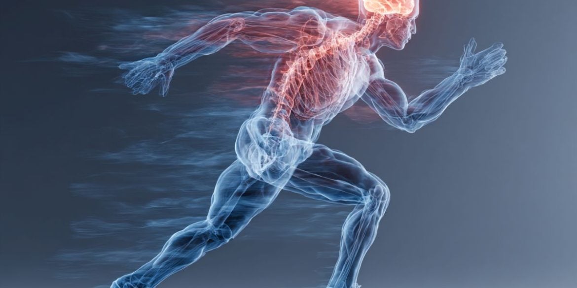 This shows the outline of a person running. Their brain is highlighted, as are their muscles.