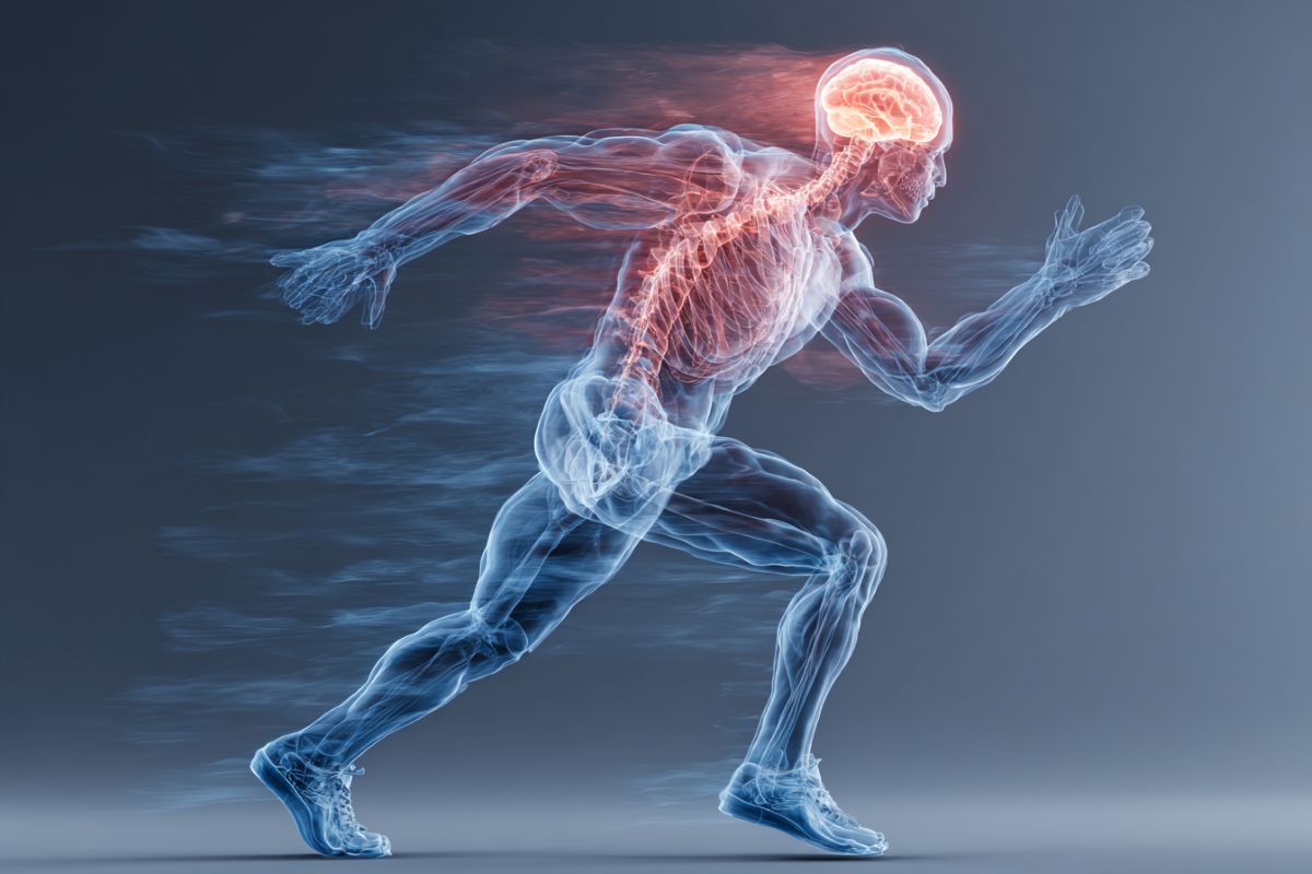 This shows the outline of a person running. Their brain is highlighted, as are their muscles.