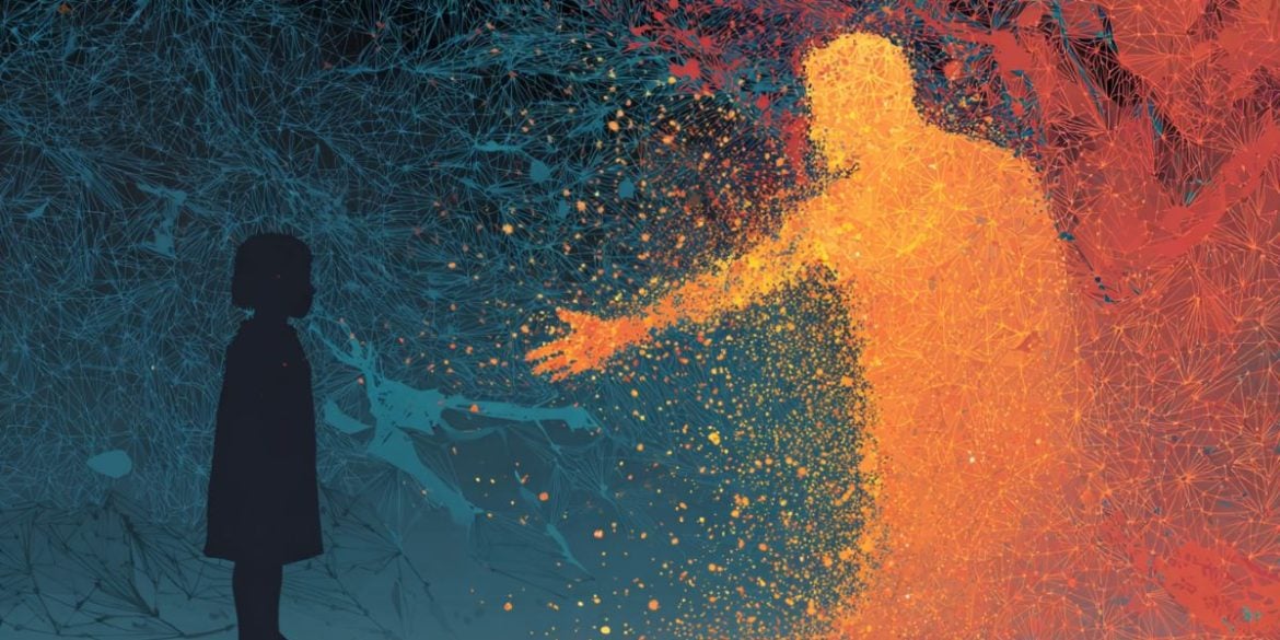 This shows the shadow of a child and a glowing adult reaching out to help her.