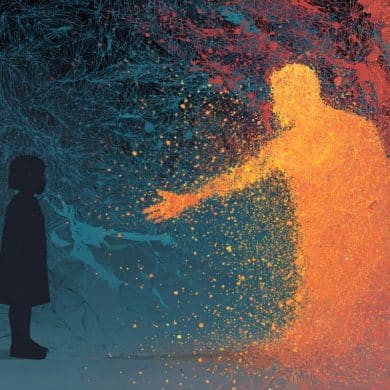 This shows the shadow of a child and a glowing adult reaching out to help her.