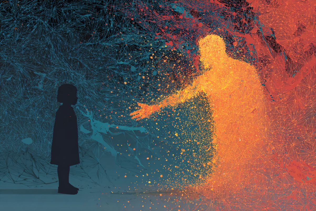 This shows the shadow of a child and a glowing adult reaching out to help her.