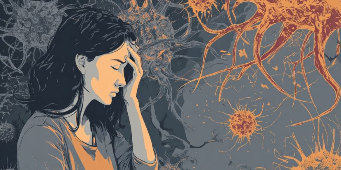 This shows a woman holding her head in pain. She is surrounded by immune cells.