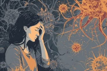 This shows a woman holding her head in pain. She is surrounded by immune cells.