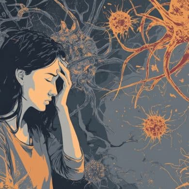 This shows a woman holding her head in pain. She is surrounded by immune cells.