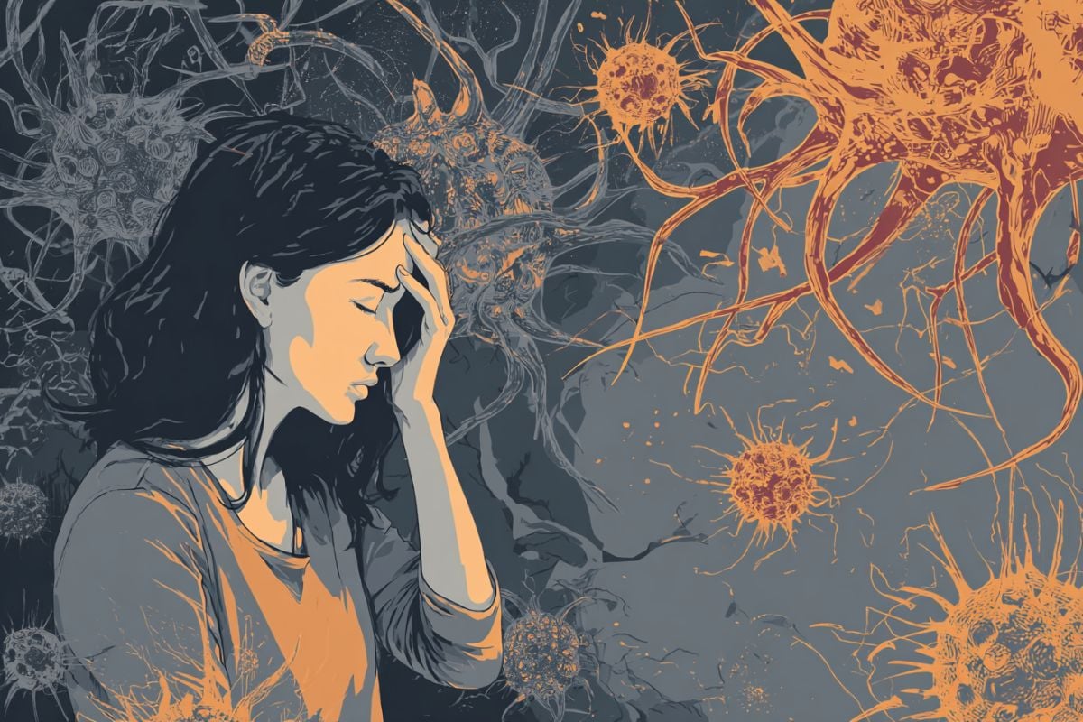 This shows a woman holding her head in pain. She is surrounded by immune cells.