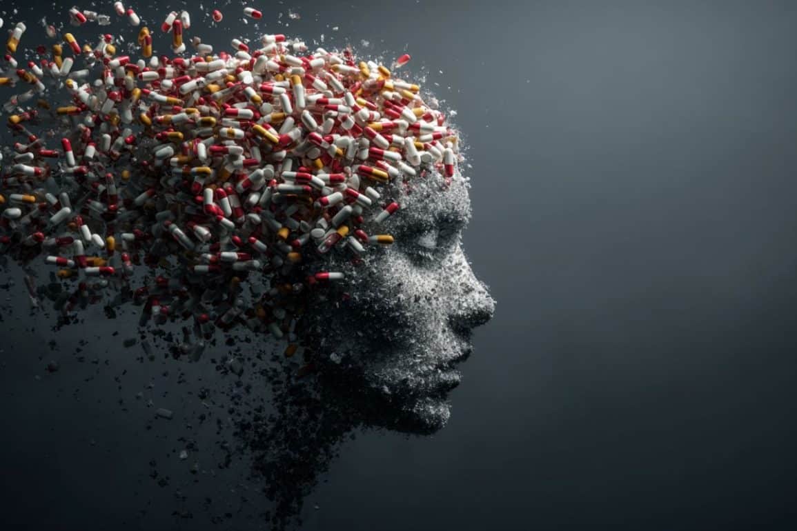 This shows a head surrounded by pills.