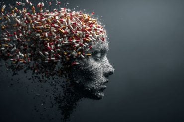 This shows a head surrounded by pills.