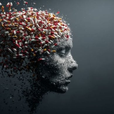 This shows a head surrounded by pills.