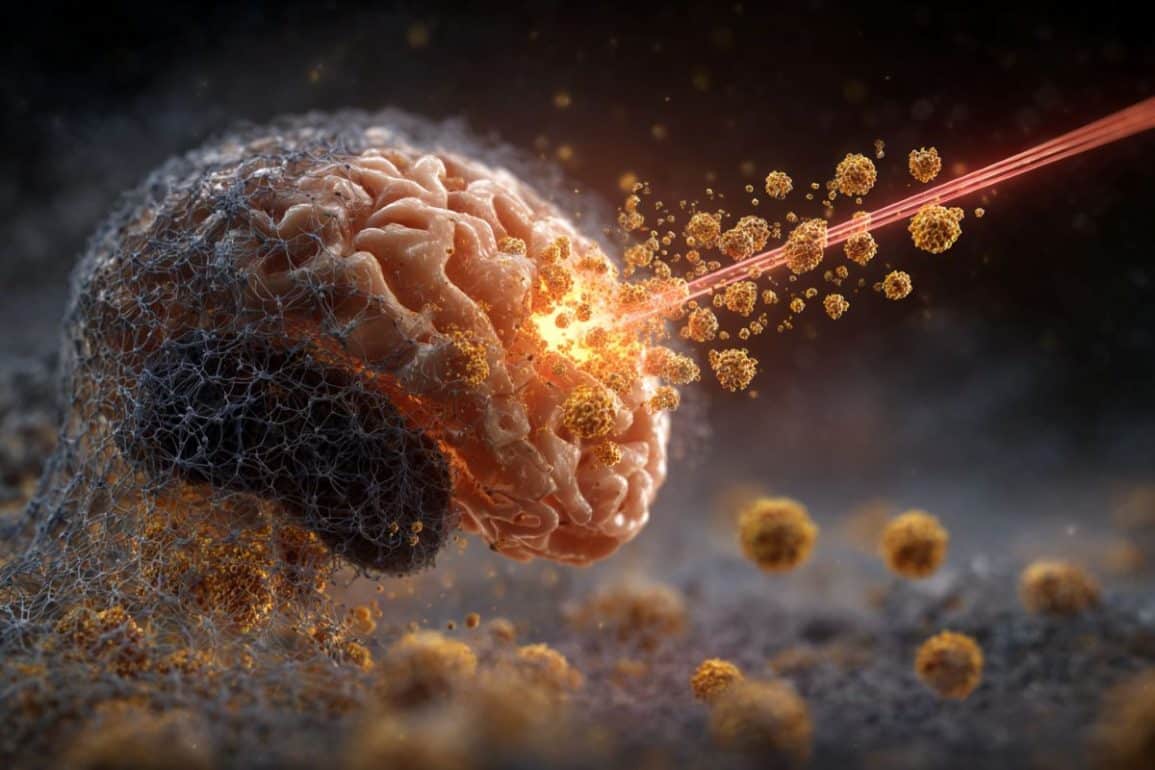 This shows a brain with cancer cells being blasted away by a laser.