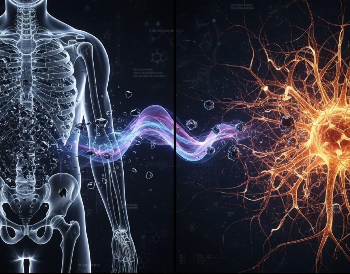 This image illustrates how lead can migrate from bones to neurons, increasing Alzheimer's risk.