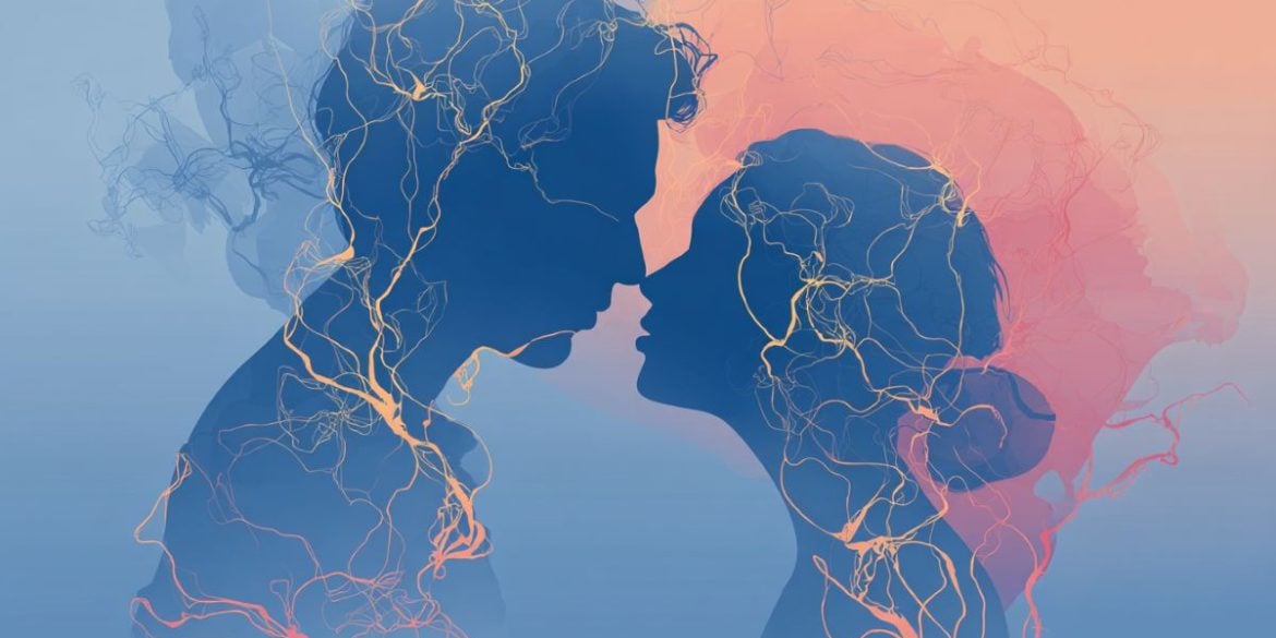 This shows a couple in love with an overlay of neurons connecting them.