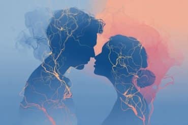 This shows a couple in love with an overlay of neurons connecting them.