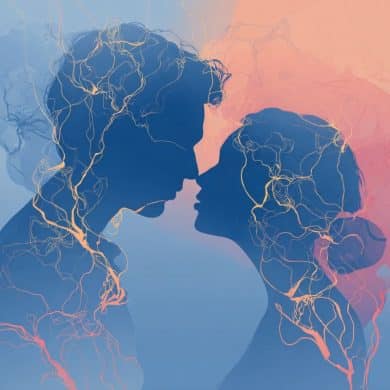 This shows a couple in love with an overlay of neurons connecting them.