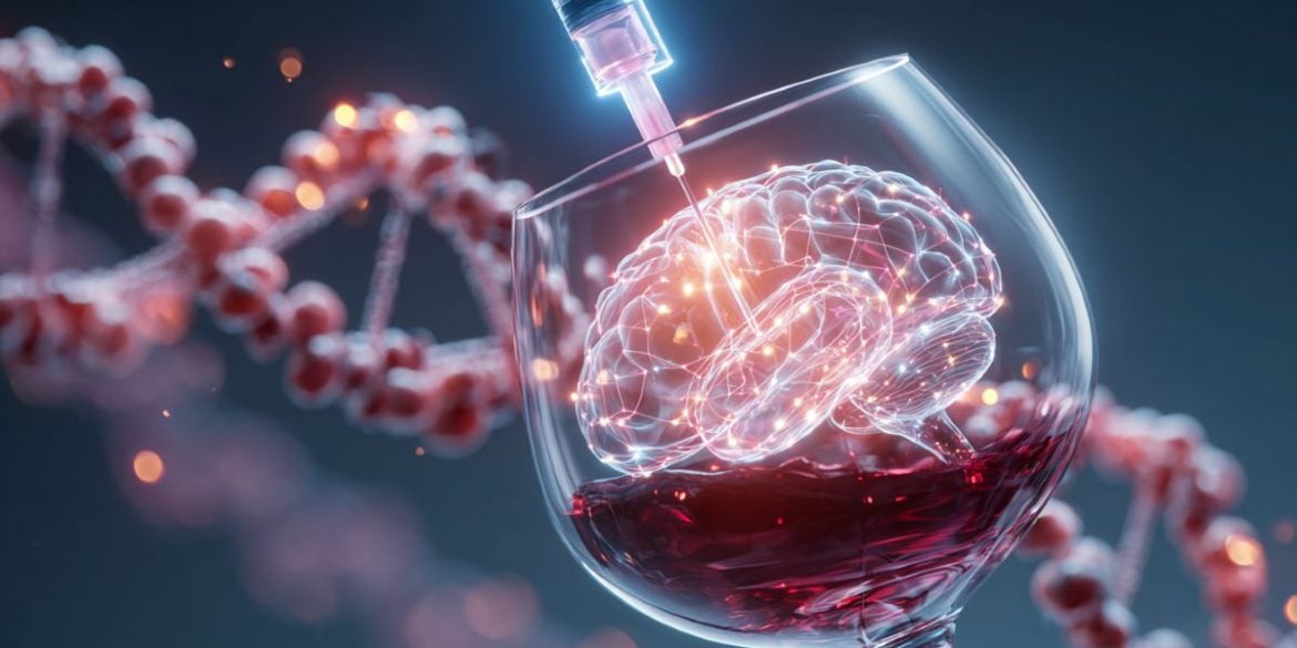 This shows a brain in a wine glass with a syringe above it. Behind is a strand of DNA.