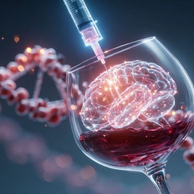 This shows a brain in a wine glass with a syringe above it. Behind is a strand of DNA.