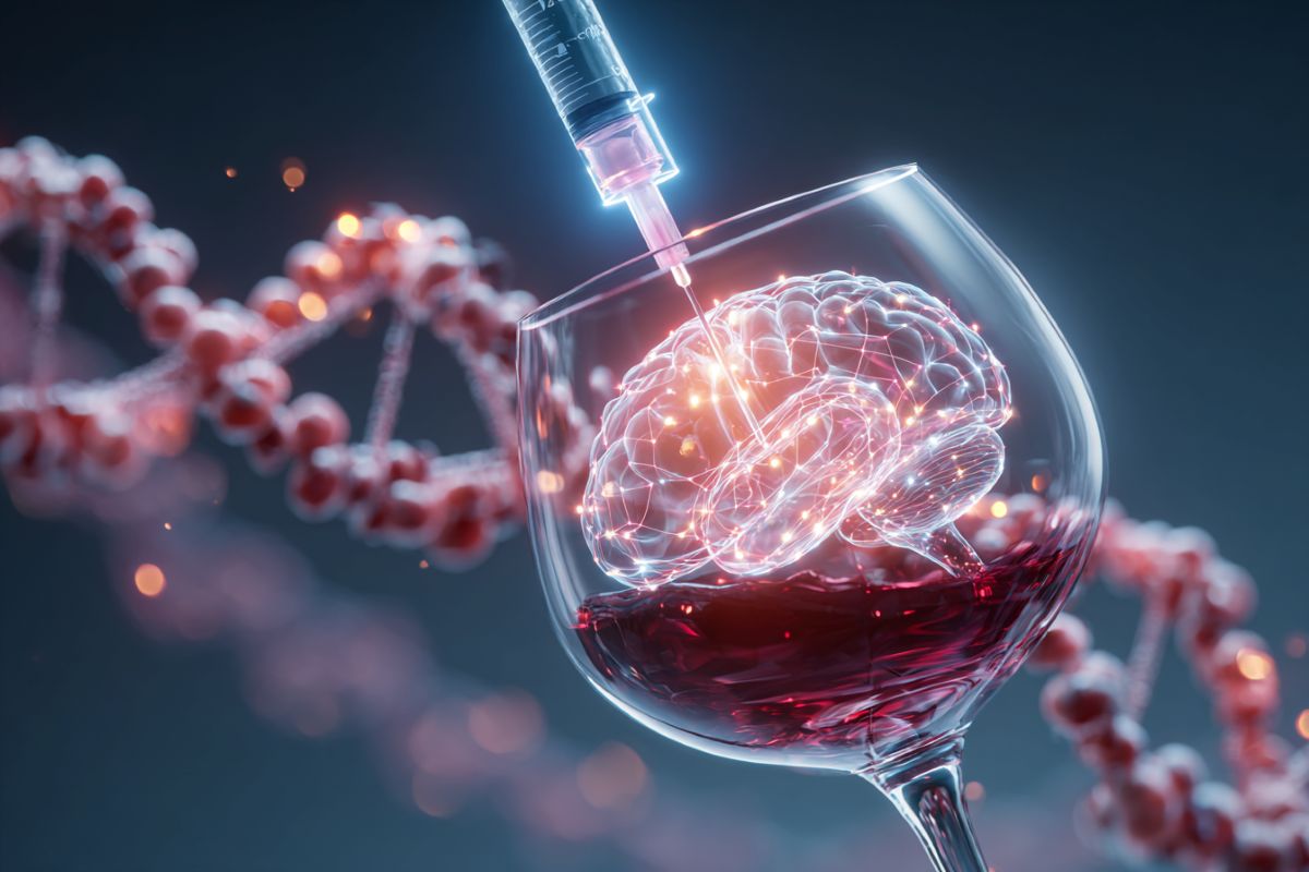 This shows a brain in a wine glass with a syringe above it. Behind is a strand of DNA.