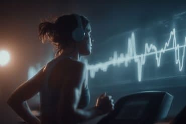 This shows a woman listening to music while running on a treadmill.