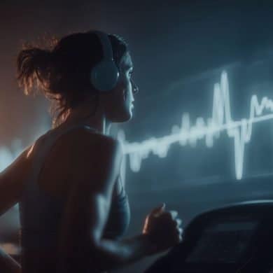 This shows a woman listening to music while running on a treadmill.