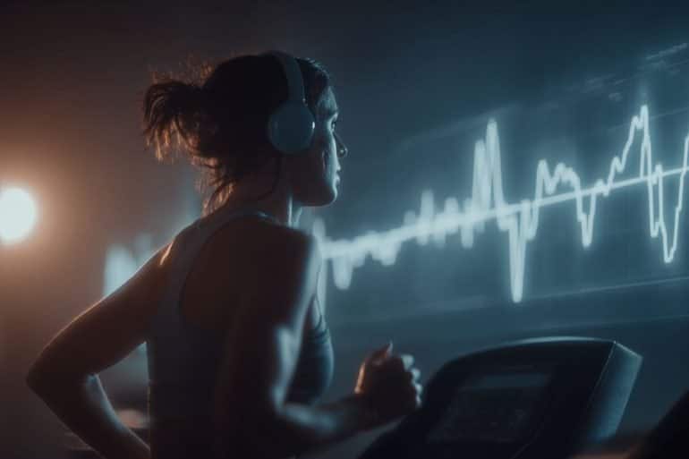 This shows a woman listening to music while running on a treadmill.