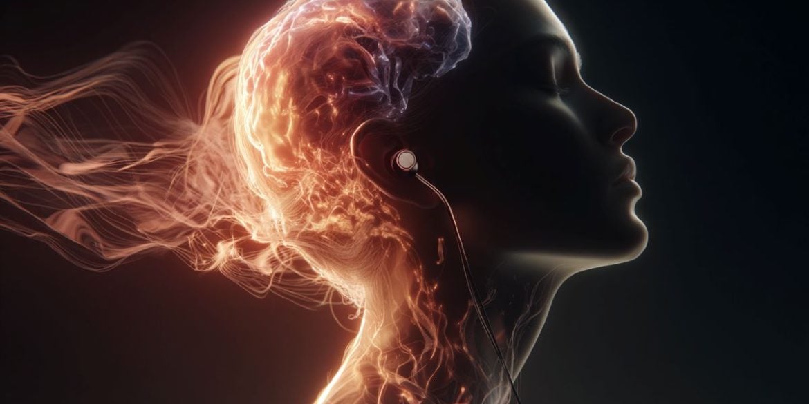 This shows the outline of a person's head wearing earphones. musical notes swirl around her.