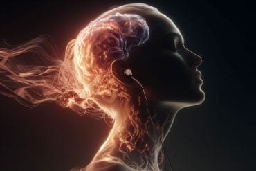 This shows the outline of a person's head wearing earphones. musical notes swirl around her.