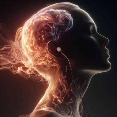 This shows the outline of a person's head wearing earphones. musical notes swirl around her.