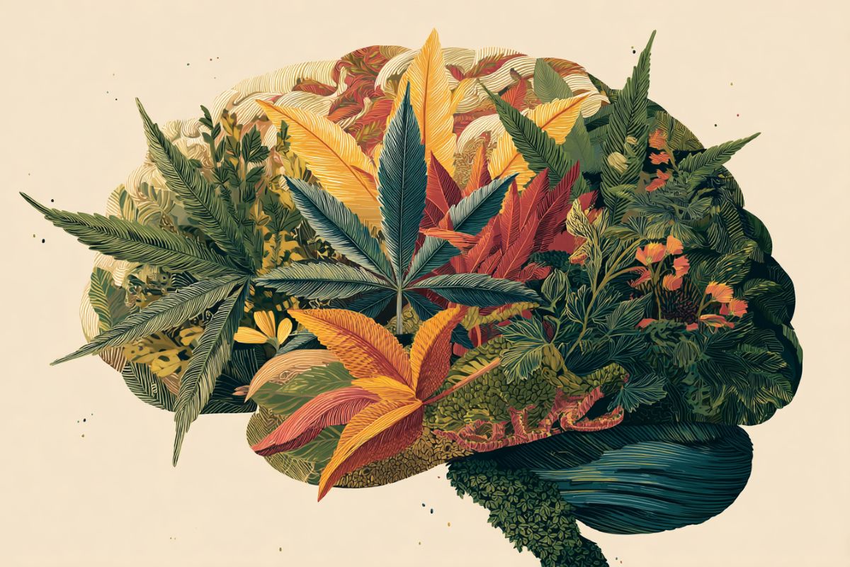 This shows a brian made up of cannabis leaves, implying the link between cannabis use and it's impact on working memory.