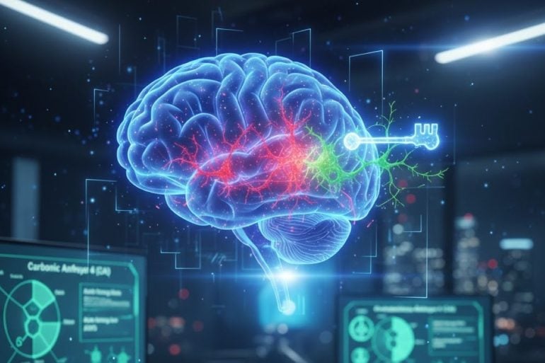 This shows a brain with the nucleus accumbens highlighted, showing where the drug activates to prevent opioid relapse behaviors.