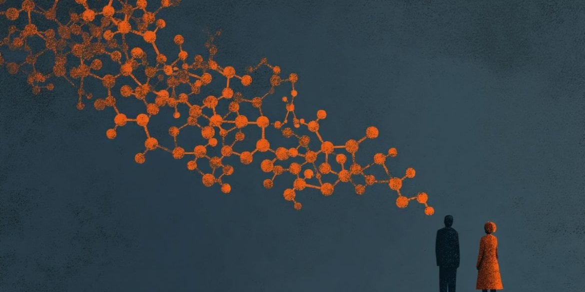 This illustration shows two people chatting. Above them is the oxytocin molecular structure.