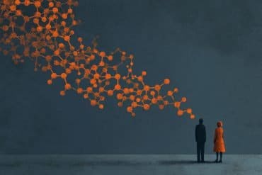 This illustration shows two people chatting. Above them is the oxytocin molecular structure.