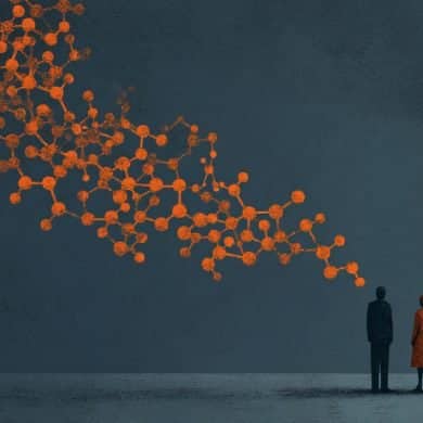 This illustration shows two people chatting. Above them is the oxytocin molecular structure.