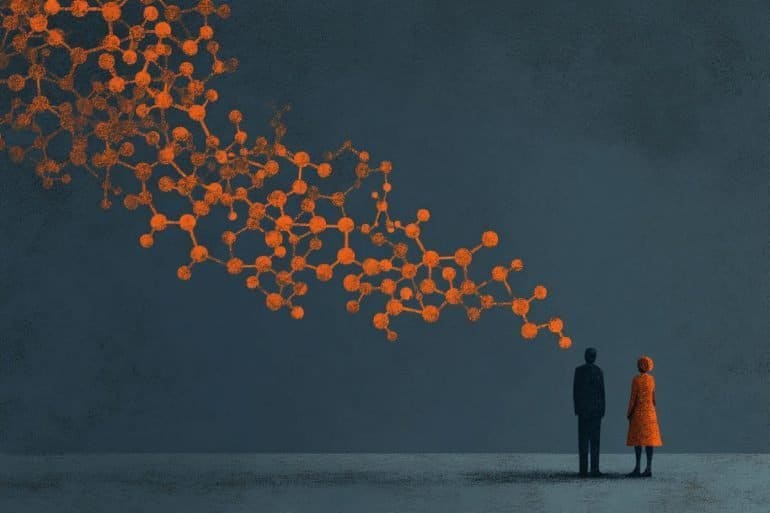 This illustration shows two people chatting. Above them is the oxytocin molecular structure.