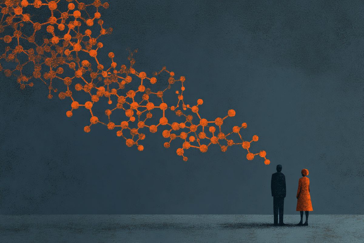 This illustration shows two people chatting. Above them is the oxytocin molecular structure.