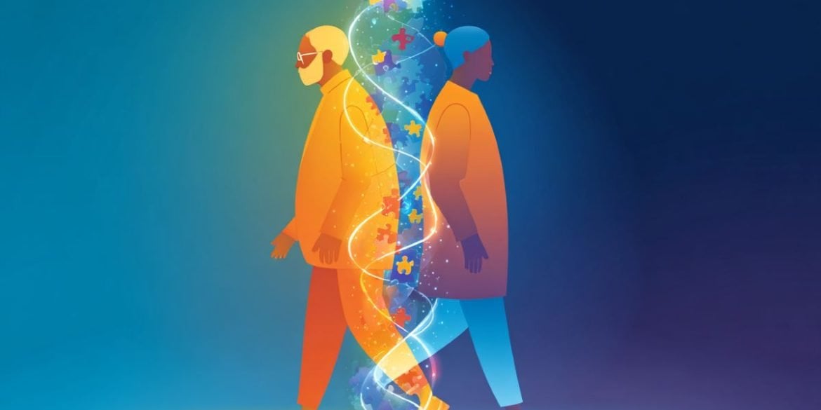 This shows two older people walking in different directions.