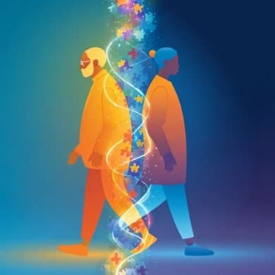 This shows two older people walking in different directions.