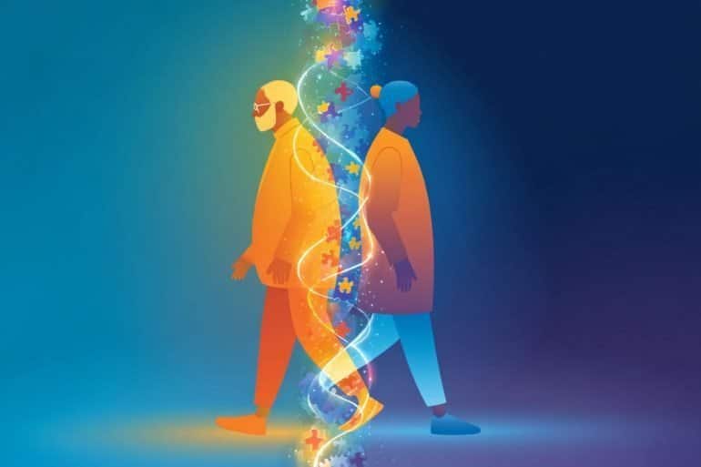 This shows two older people walking in different directions.