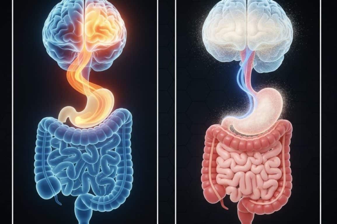 This shows two images of the brain and gut, one with a pill and the other with powder.