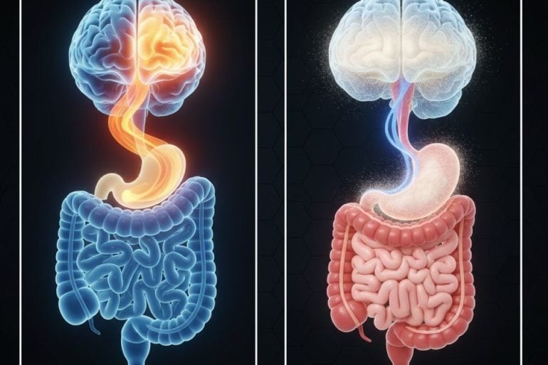 This shows two images of the brain and gut, one with a pill and the other with powder.