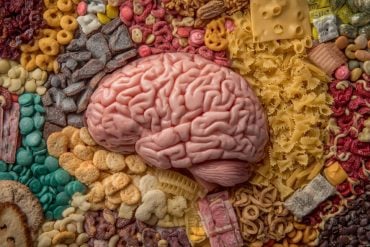 This shows a brain surrounded by processed foods.