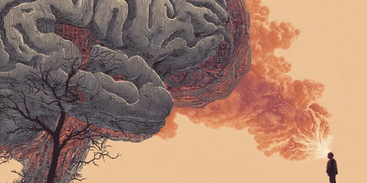 This shows a brain like a tree and a sad person in its shadows.