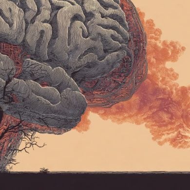 This shows a brain like a tree and a sad person in its shadows.