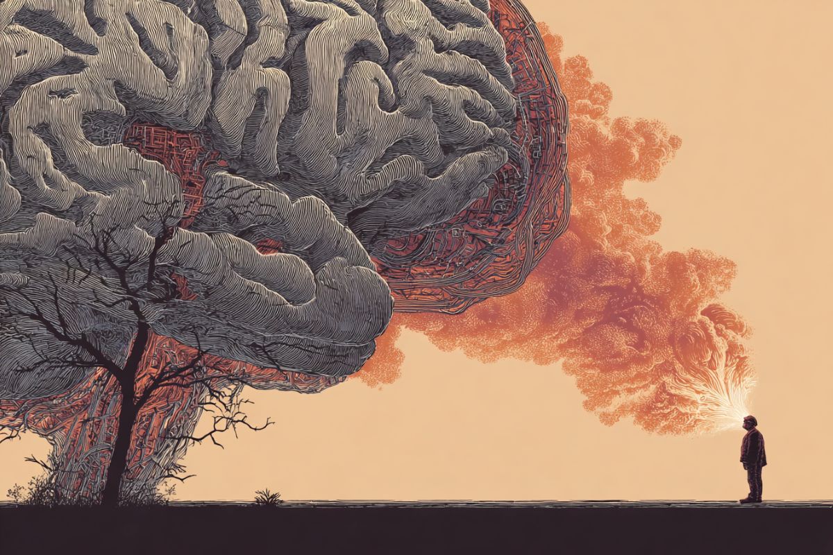 This shows a brain like a tree and a sad person in its shadows.