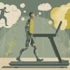 This illustration depicts a person with a prosthetic leg walking n a treadmill. Above him are two thought bubbles, one has the outline of a brain and the other, an outline of a "full body".