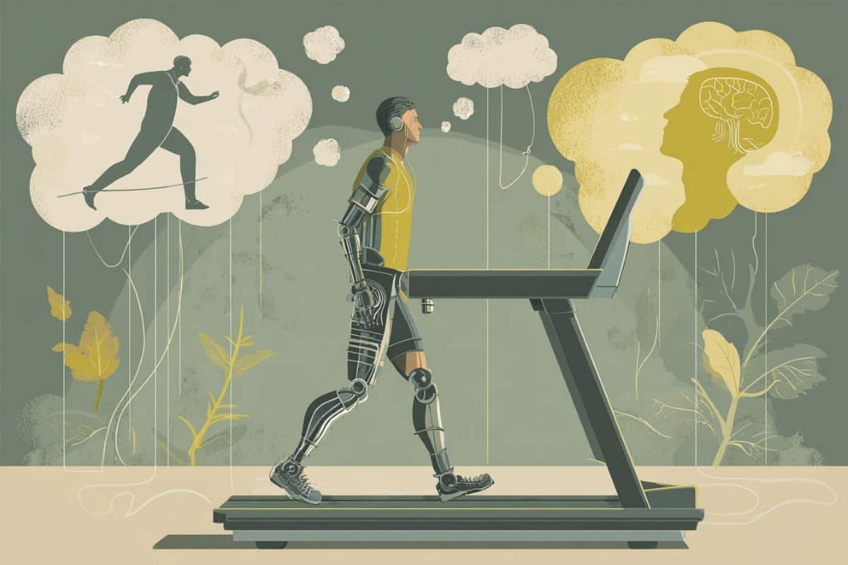 This illustration depicts a person with a prosthetic leg walking n a treadmill. Above him are two thought bubbles, one has the outline of a brain and the other, an outline of a "full body".