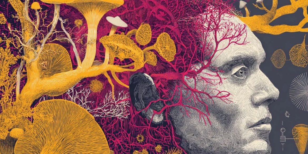 This shows a psychedelic image of a man's head lookin. His eyes are wide and he is looking at distant objects.