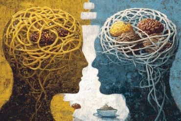 This shows two heads, one shows symbols of diminished rewards, the other an abundance of rewards.