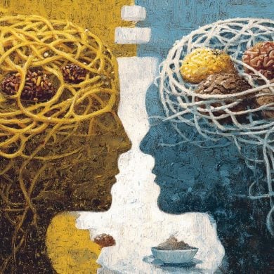 This shows two heads, one shows symbols of diminished rewards, the other an abundance of rewards.