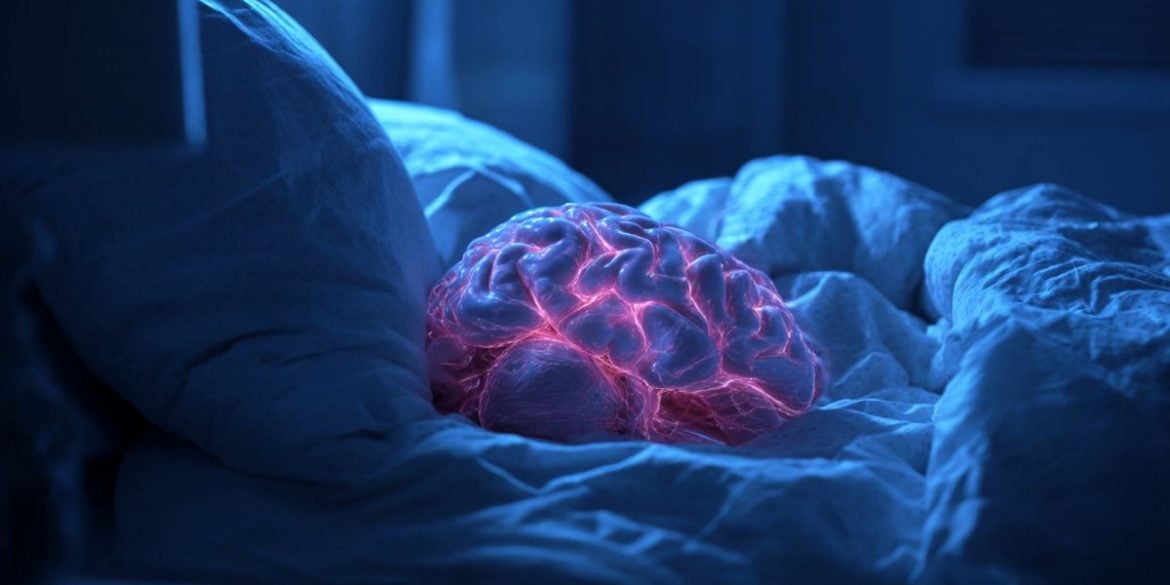 This shows a lit up brain on a bed.