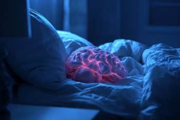 This shows a lit up brain on a bed.